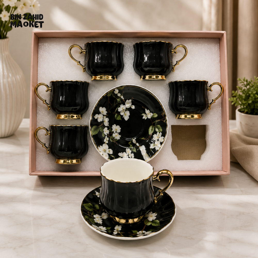 LUXURY BLACK FLORAL PORCELAIN TEA CUP AND SAUCER SET WITH GOLD TRIM