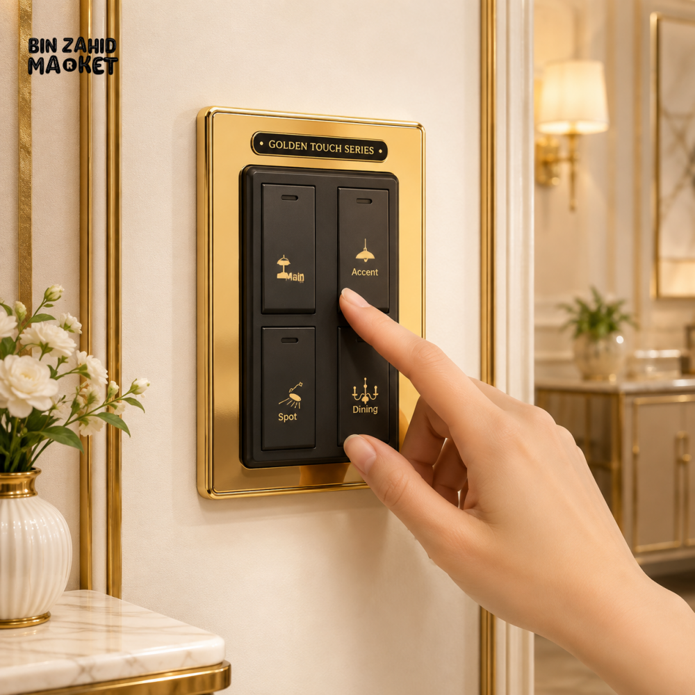 LUXURY BLACK & GOLD 4 GANG WALL SWITCH