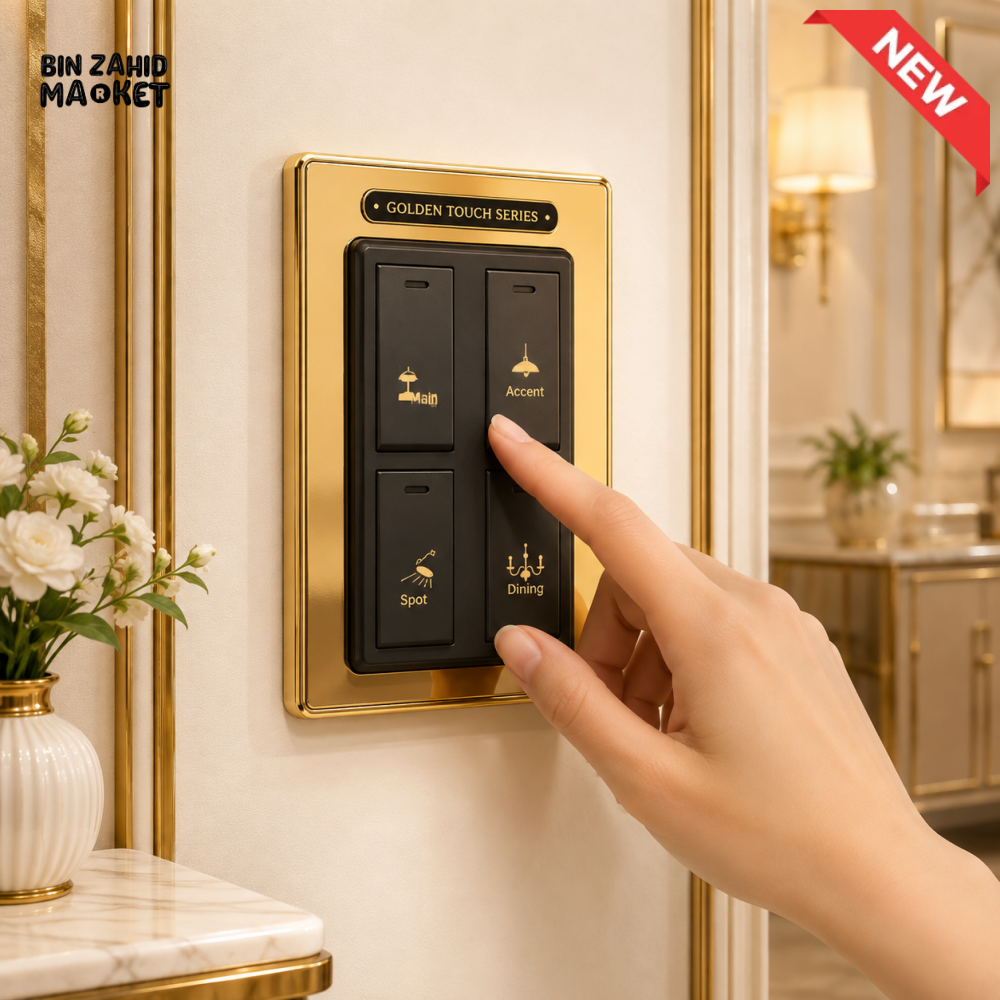 LUXURY BLACK & GOLD 4 GANG WALL SWITCH