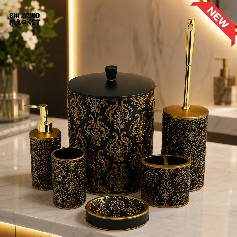 LUXURY BLACK & GOLD 6-PIECE BATHROOM ACCESSORY SET