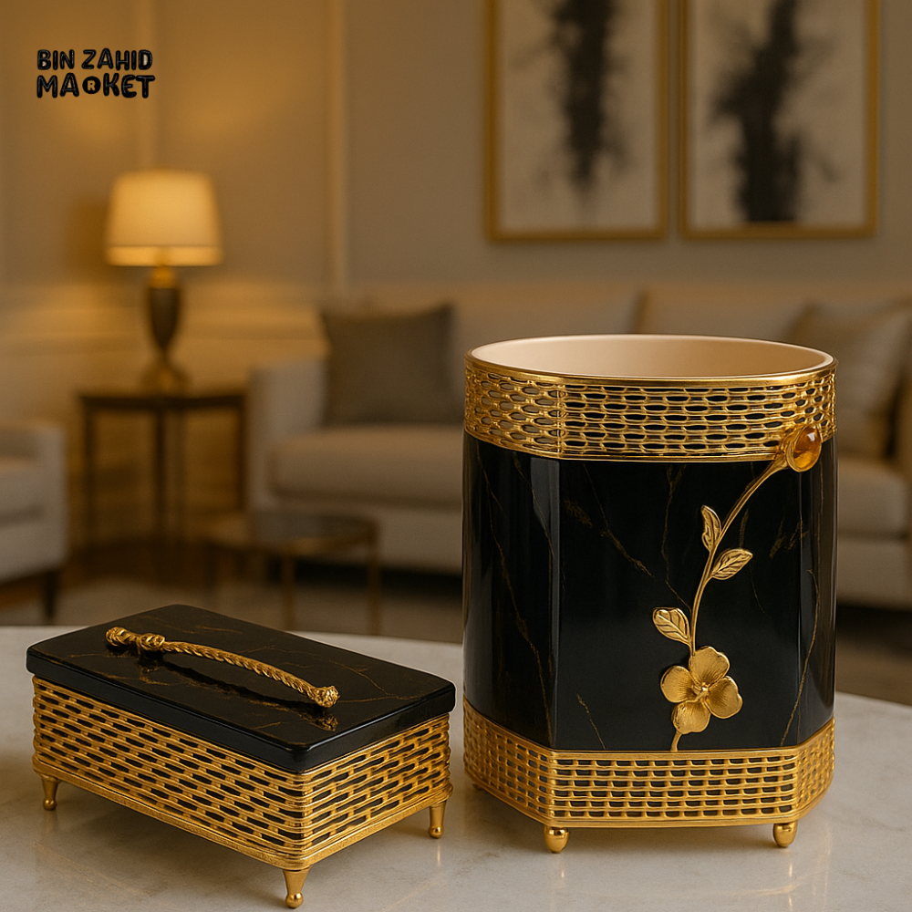 LUXURY BLACK & GOLD BATHROOM BIN AND TISSUE BOX SET – DECORATIVE STORAGE FOR VILLA INTERIORS