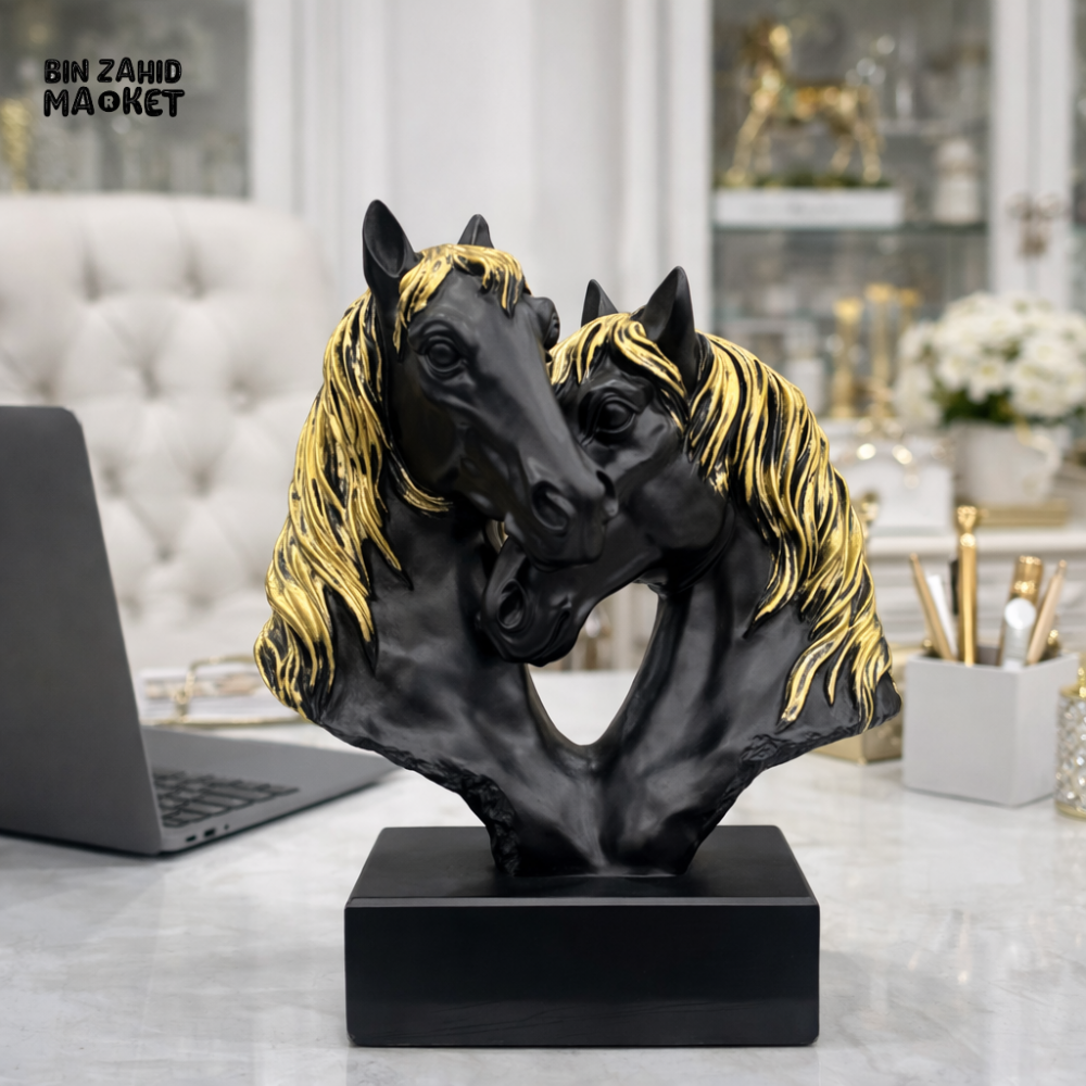 LUXURY BLACK & GOLD DOUBLE HORSE HEAD SCULPTURE – ELEGANT OFFICE & HOME DECOR STATUE