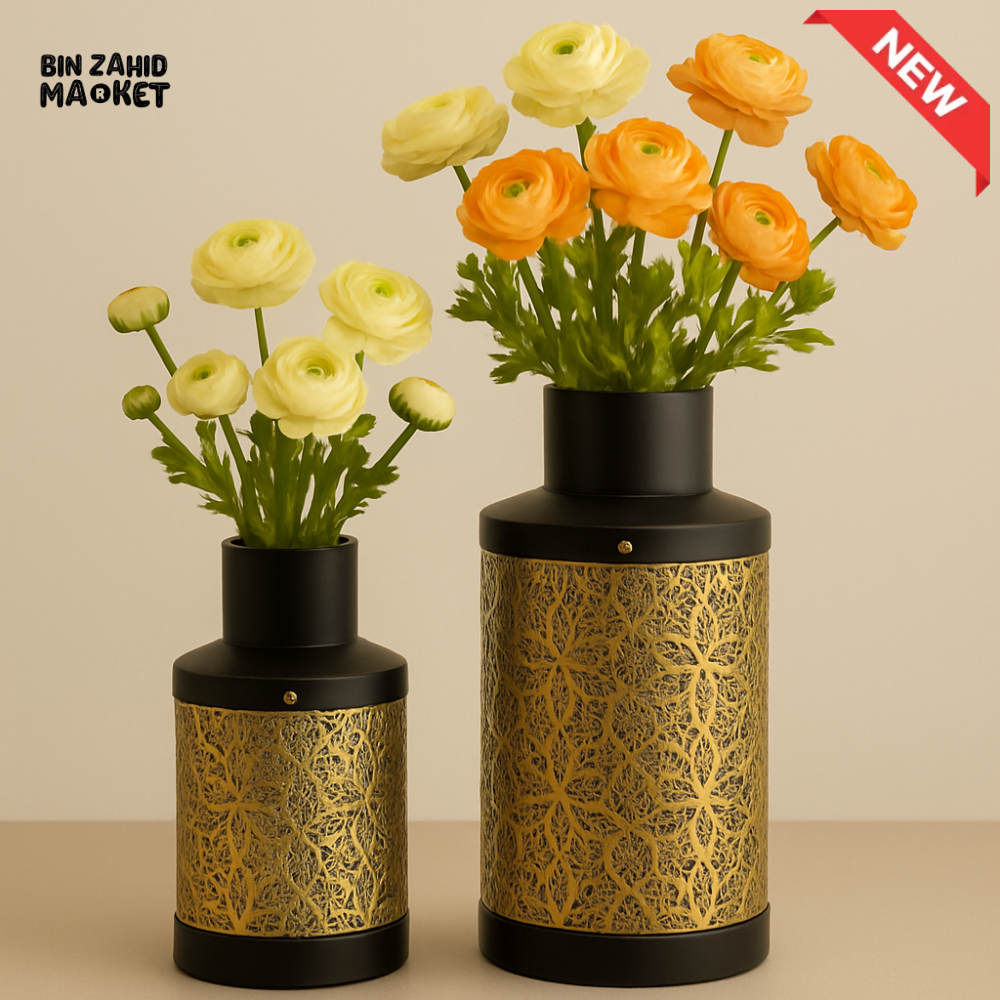 LUXURY BLACK & GOLD METAL VASE SET 2 PIECES SET– EMBOSSED GEOMETRIC DESIGN WITHOUT FLOWERS