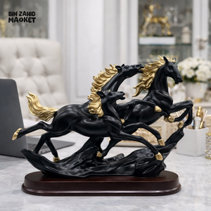 LUXURY BLACK & GOLD RUNNING HORSE TRIO SCULPTURE – MODERN OFFICE & HOME DECOR STATUE - 14cm x 20cm