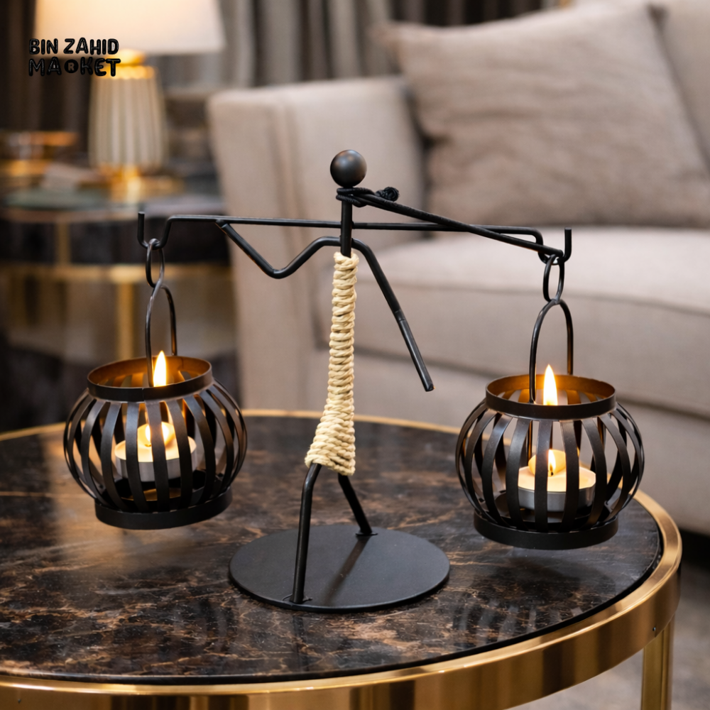 LUXURY BLACK METAL BALANCING FIGURE CANDLE HOLDER WITH DOUBLE LANTERNS | ELEGANT HOME DECOR