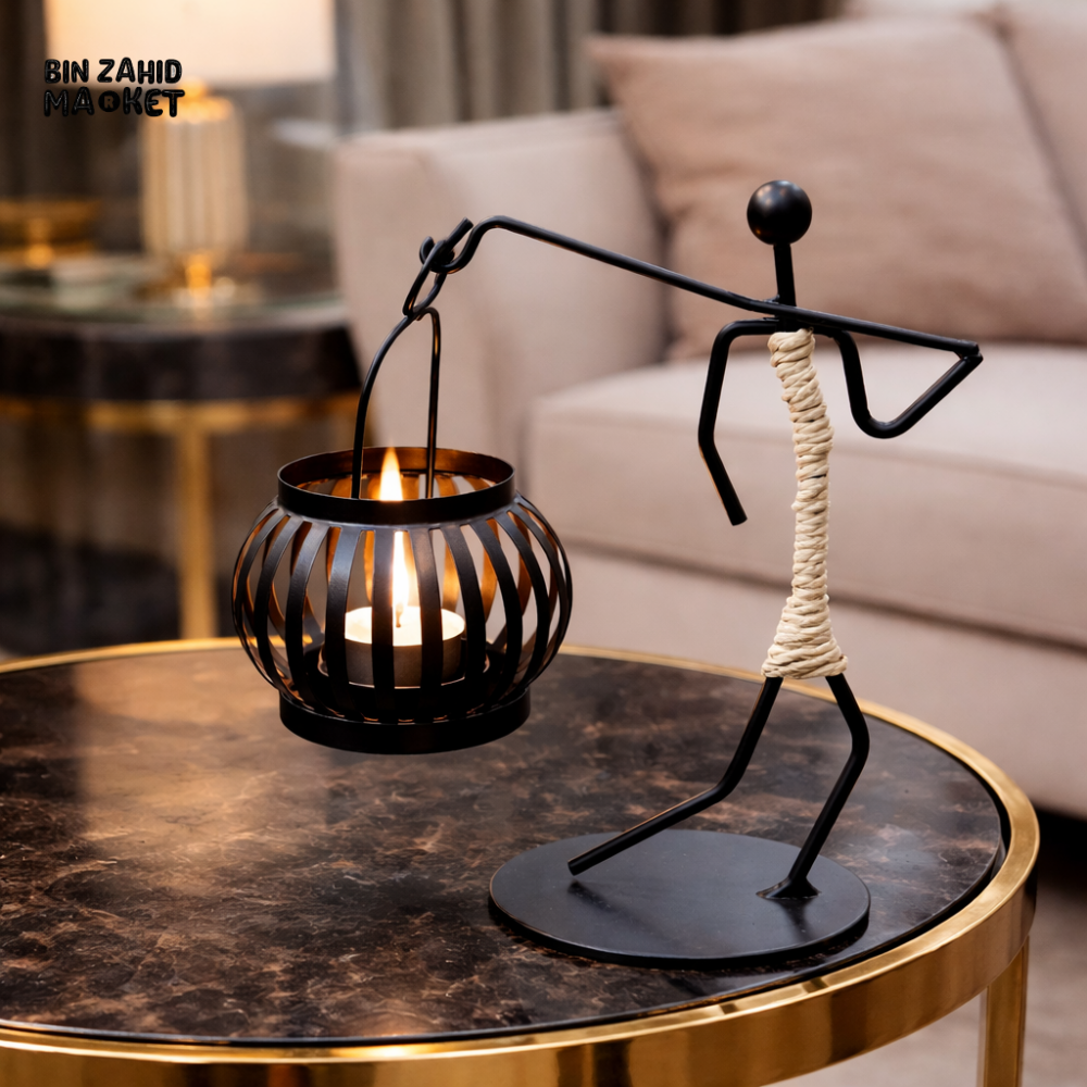 LUXURY BLACK METAL BALANCING FIGURE CANDLE HOLDER WITH LANTERN | MODERN HOME DECOR