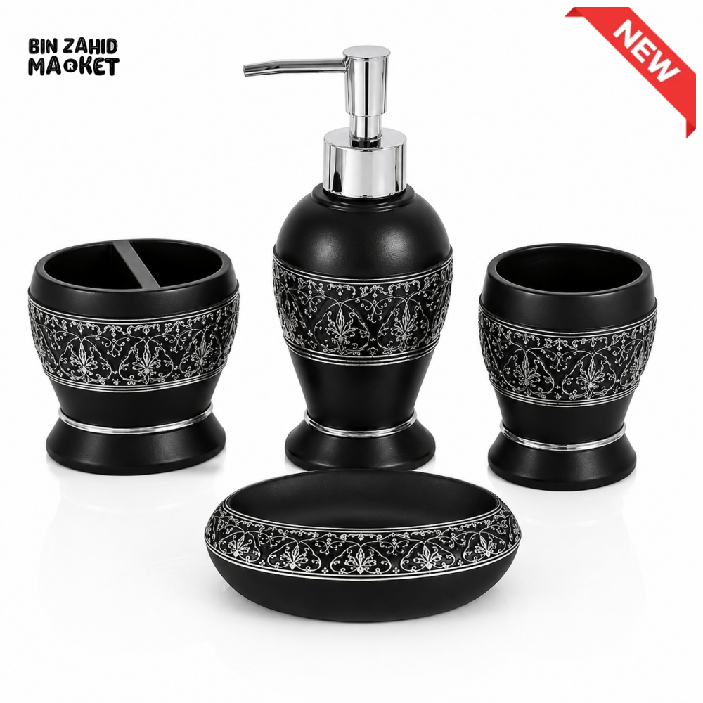 LUXURY BLACK ORNATE BATHROOM ACCESSORIES SET – 4 PIECES