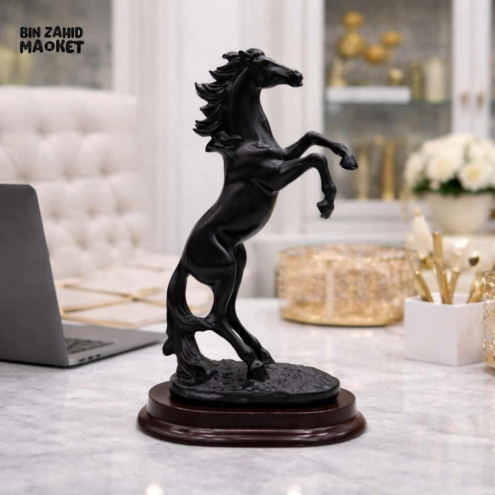 LUXURY BLACK REARING HORSE SCULPTURE WITH WOODEN BASE – PREMIUM HOME & OFFICE DECOR STATUE - 11 CM X 5CM