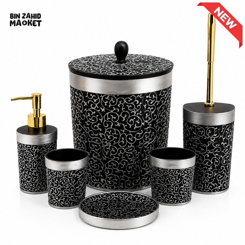 LUXURY BLACK & SILVER BATHROOM ACCESSORIES SET – 6 PIECES