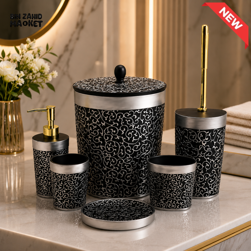 LUXURY BLACK & SILVER BATHROOM ACCESSORIES SET – 6 PIECES