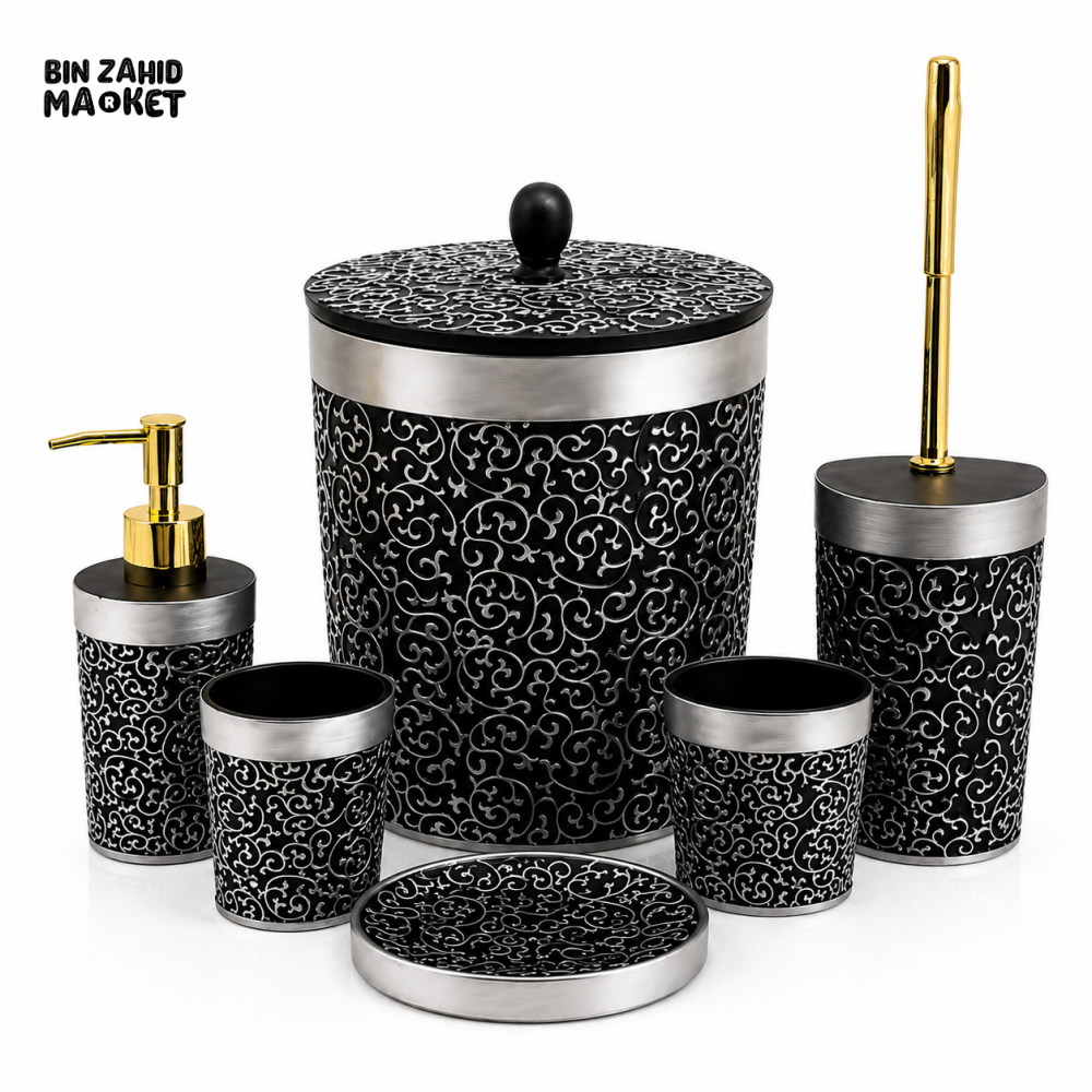 LUXURY BLACK & SILVER BATHROOM ACCESSORIES SET – 6 PIECES