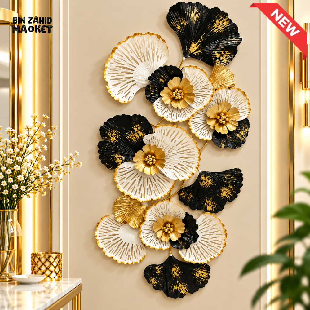 LUXURY BLACK WHITE AND GOLD FLORAL METAL WALL ART - Wall Décor