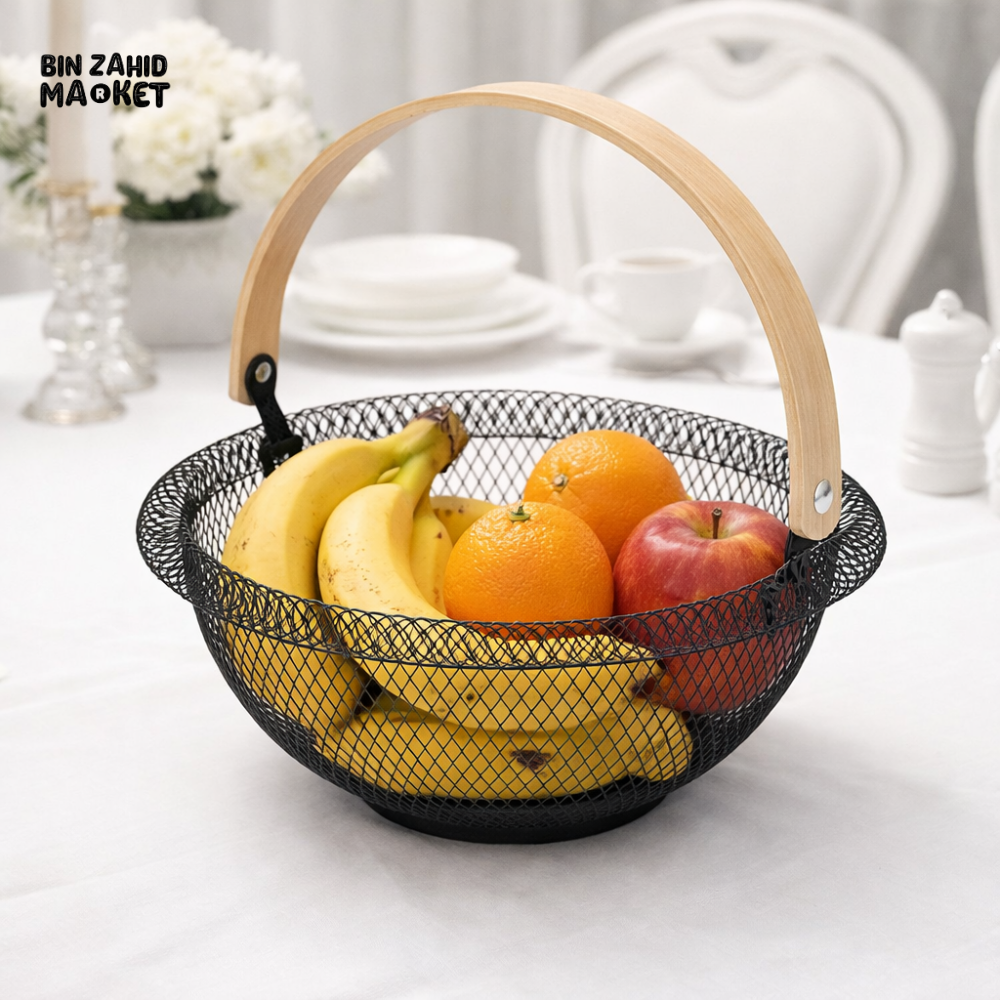 LUXURY BLACK WIRE FRUIT BASKET WITH WOOD HANDLE – MODERN KITCHEN & DINING TABLE STORAGE
