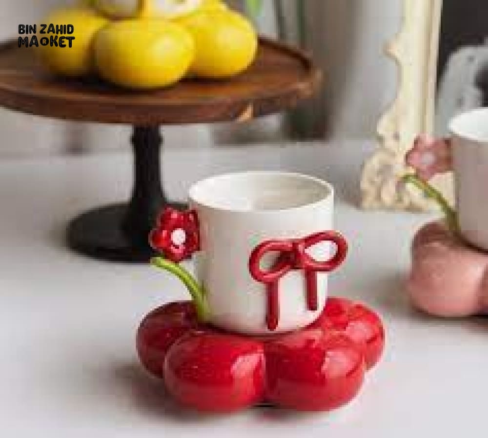 LUXURY BOW DESIGN CERAMIC MUG WITH FLOWER COASTER – PREMIUM COFFEE CUP
