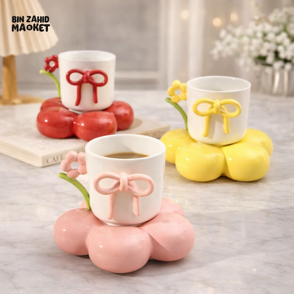 LUXURY BOW DESIGN CERAMIC MUG WITH FLOWER COASTER – PREMIUM COFFEE CUP