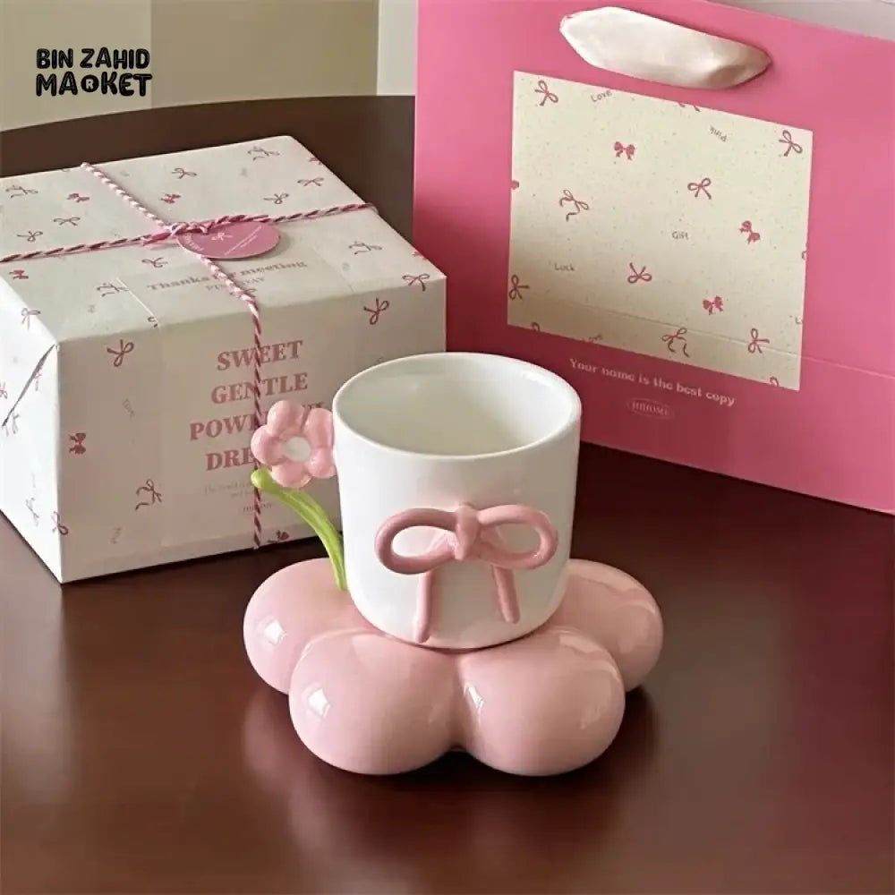 LUXURY BOW DESIGN CERAMIC MUG WITH FLOWER COASTER – PREMIUM COFFEE CUP