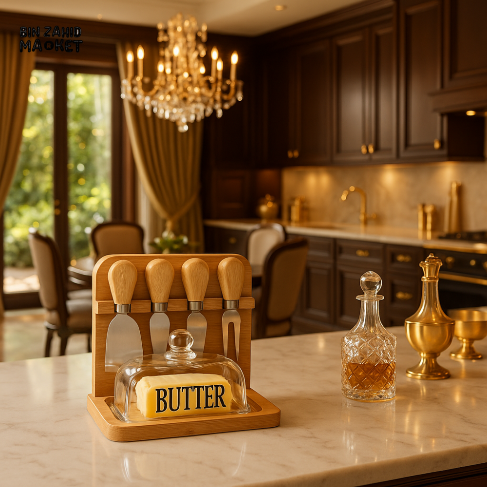 LUXURY BUTTER DISH WITH CHEESE KNIFE SET – BAMBOO BASE & GLASS COVER