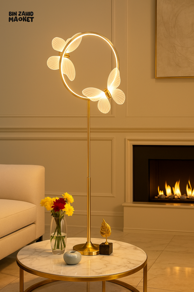 LUXURY BUTTERFLY FLOOR LAMP – GOLD RING LED STAND LIGHT FOR VILLA INTERIORS