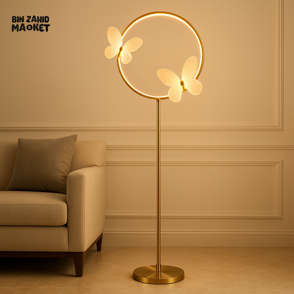LUXURY BUTTERFLY FLOOR LAMP – GOLD RING LED STAND LIGHT FOR VILLA INTERIORS