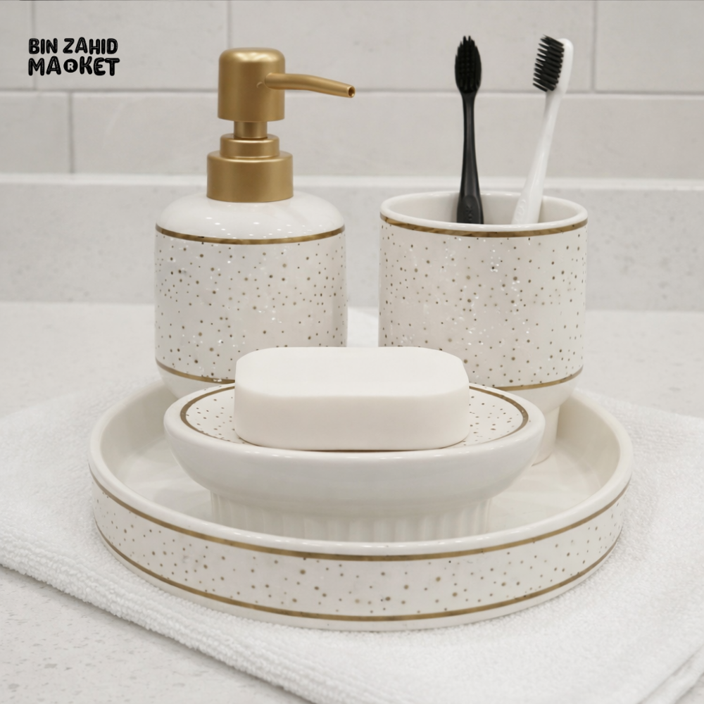LUXURY CERAMIC BATHROOM ACCESSORY SET – SOAP DISPENSER TOOTHBRUSH HOLDER & SOAP DISH WITH TRAY
