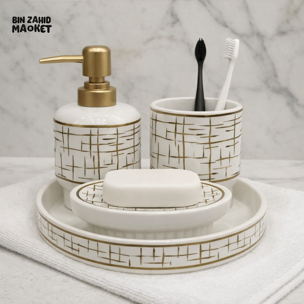 LUXURY CERAMIC BATHROOM ACCESSORY SET – SOAP DISPENSER TOOTHBRUSH HOLDER & SOAP DISH WITH TRAY