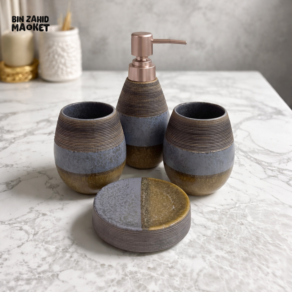 LUXURY CERAMIC BATHROOM ACCESSORY SET – SOAP DISPENSER TUMBLER & SOAP DISH