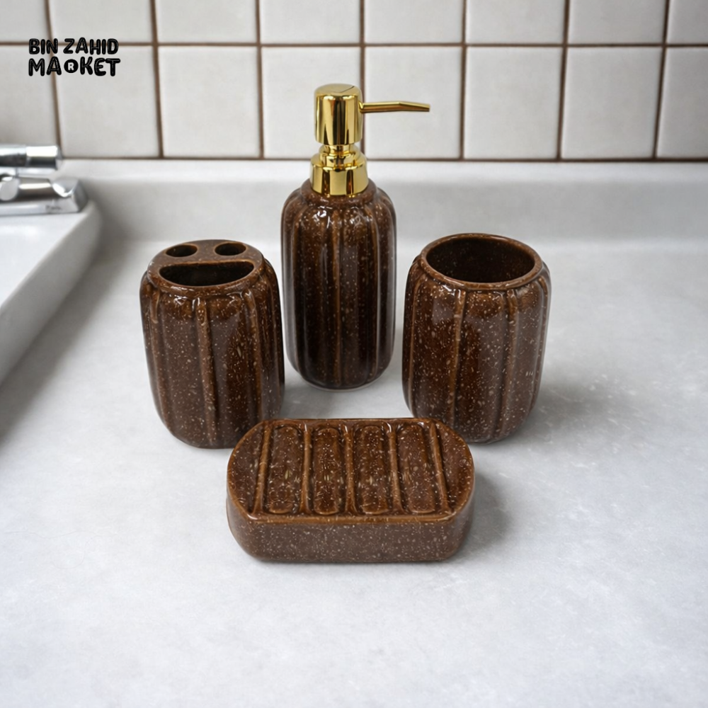 LUXURY CERAMIC BATHROOM ACCESSORY SET WITH GOLD PUMP – KLEEYO BATH SET PRO