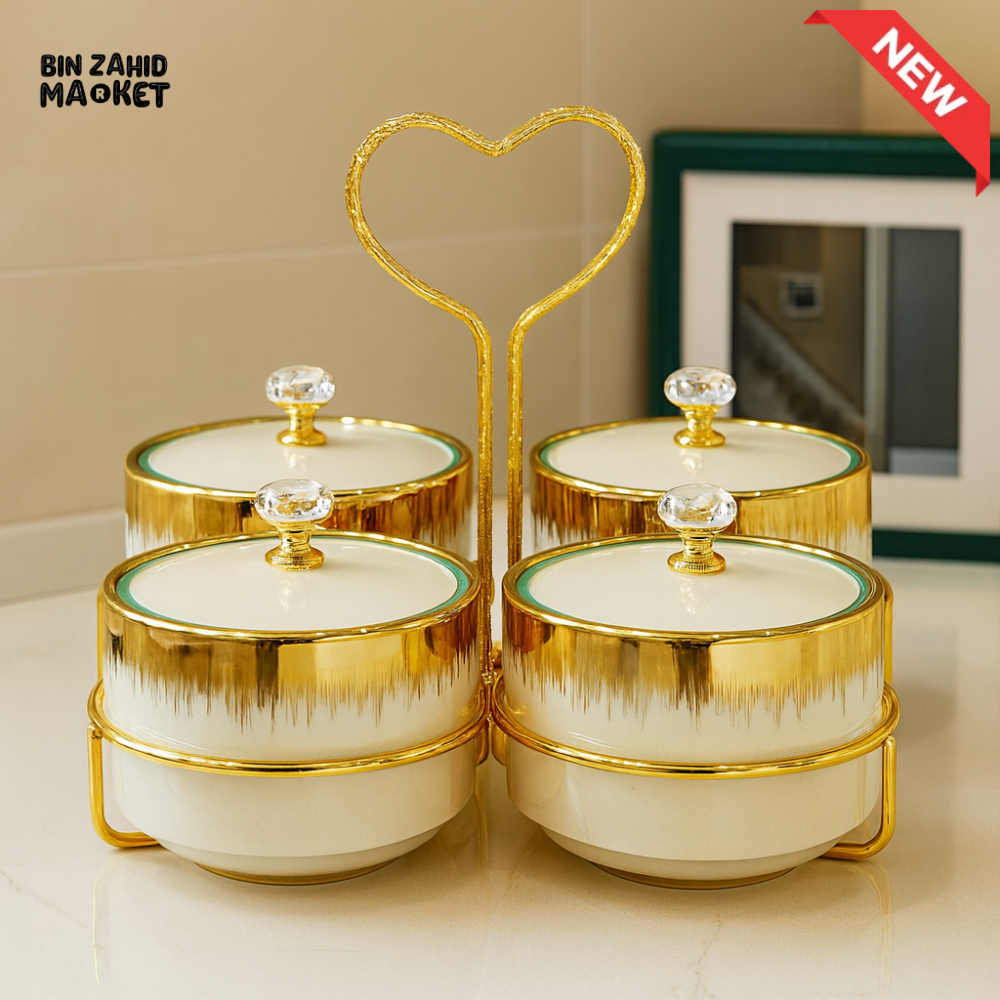 LUXURY CERAMIC CANISTER SET – 4 PIECES WITH GOLD RACK & HEART HANDLE - WHITE