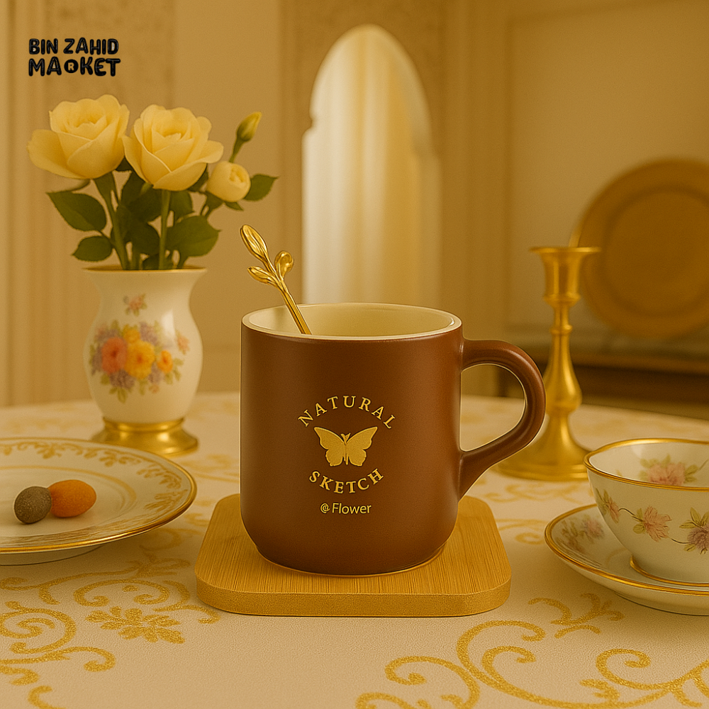 LUXURY CERAMIC COFFEE MUG WITH GOLDEN SPOON & BAMBOO TRAY – PREMIUM TEA CUP FOR HOME & DINING DECOR GIFT ITEM