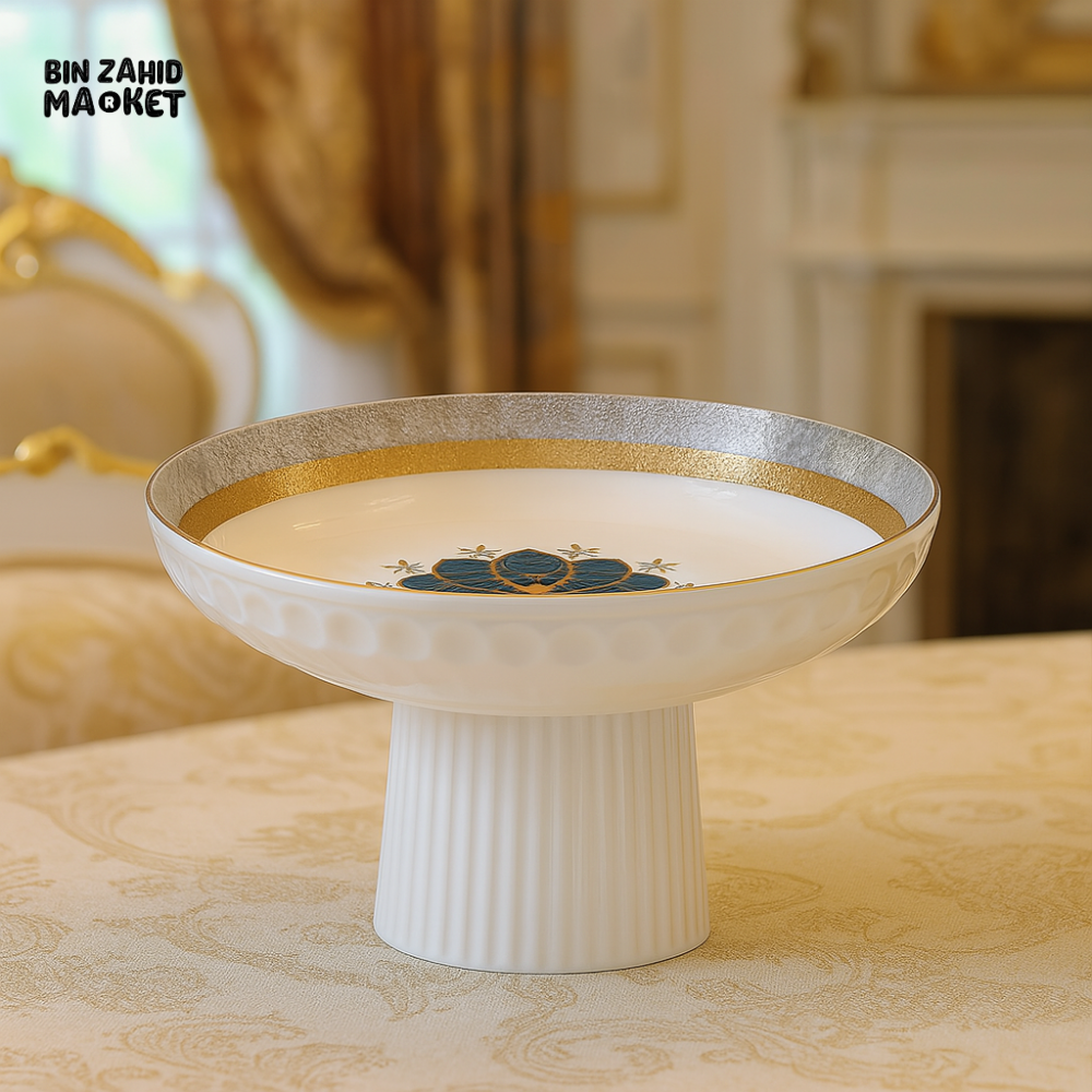 LUXURY CERAMIC FRUIT BOWL – PEDESTAL DESIGN WITH GOLD & TEAL MANDALA PATTERN FOR ELEGANT TABLE DECOR