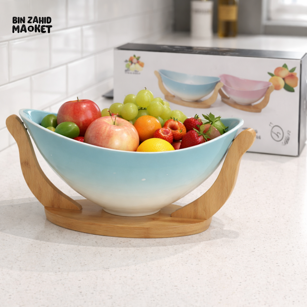LUXURY CERAMIC FRUIT BOWL WITH WOODEN STAND – MODERN TABLE DECOR