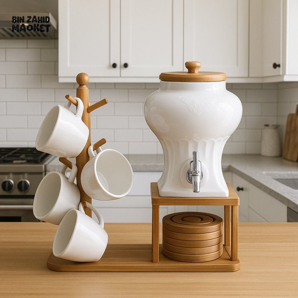 LUXURY CERAMIC JUICE DISPENSER WITH BAMBOO STAND & MUG SET