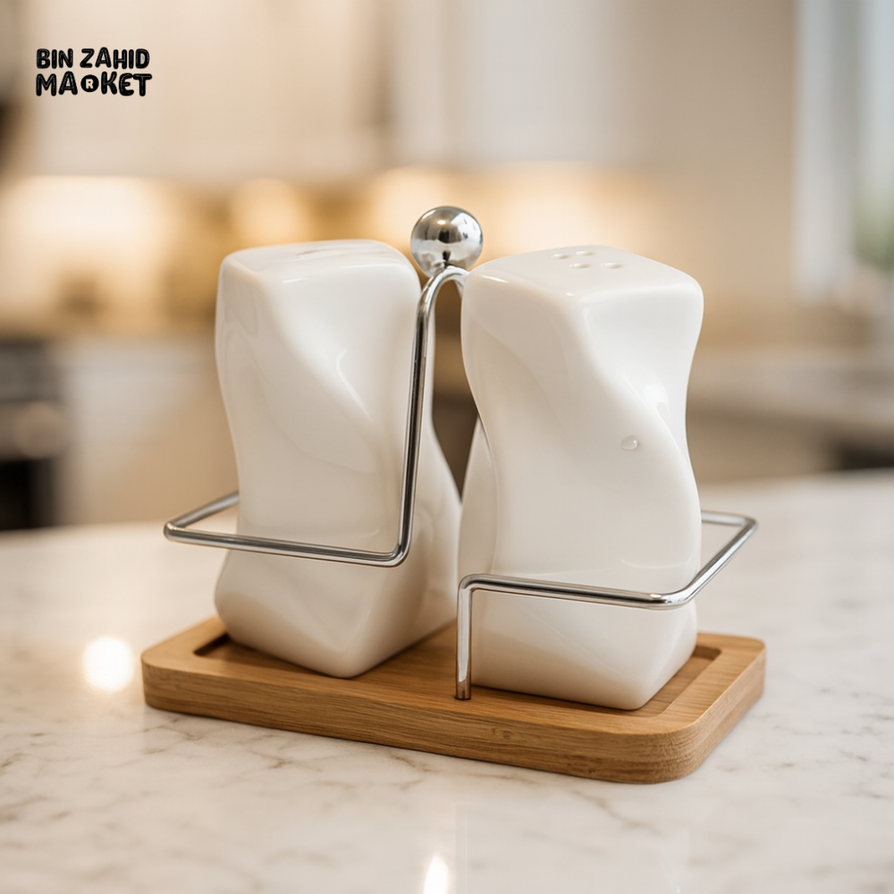 LUXURY CERAMIC SALT AND PEPPER SHAKERS – METAL HOLDER WOOD BASE