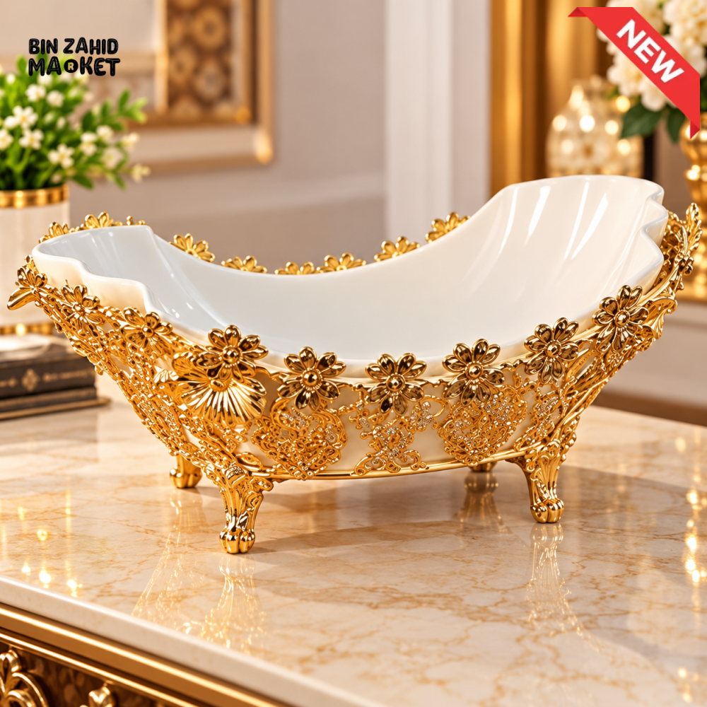 LUXURY CERAMIC SERVING BOWL WITH GOLD FLORAL METAL STAND - Serving bowl