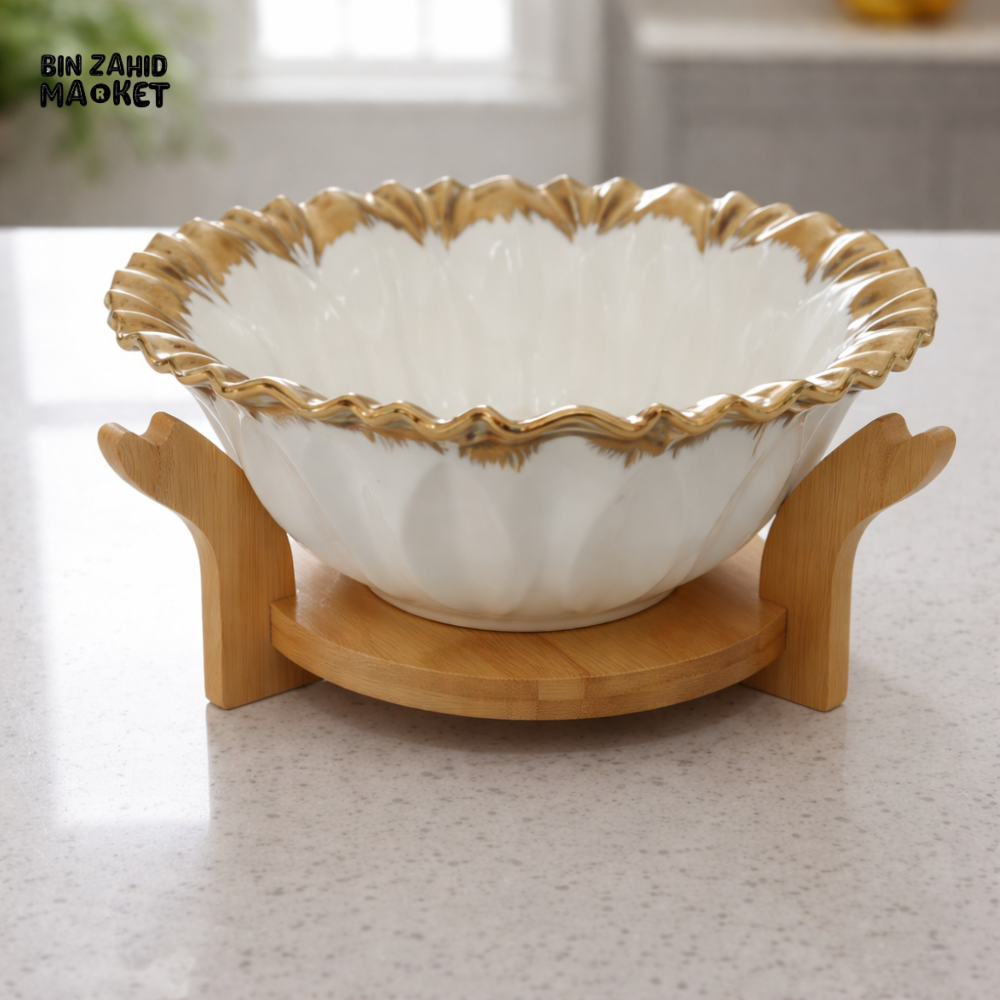LUXURY CERAMIC SERVING BOWL WITH GOLD RIM & BAMBOO STAND