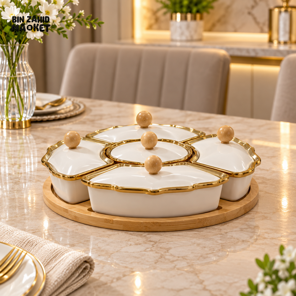 LUXURY CERAMIC SERVING DISH SET WITH BAMBOO TRAY