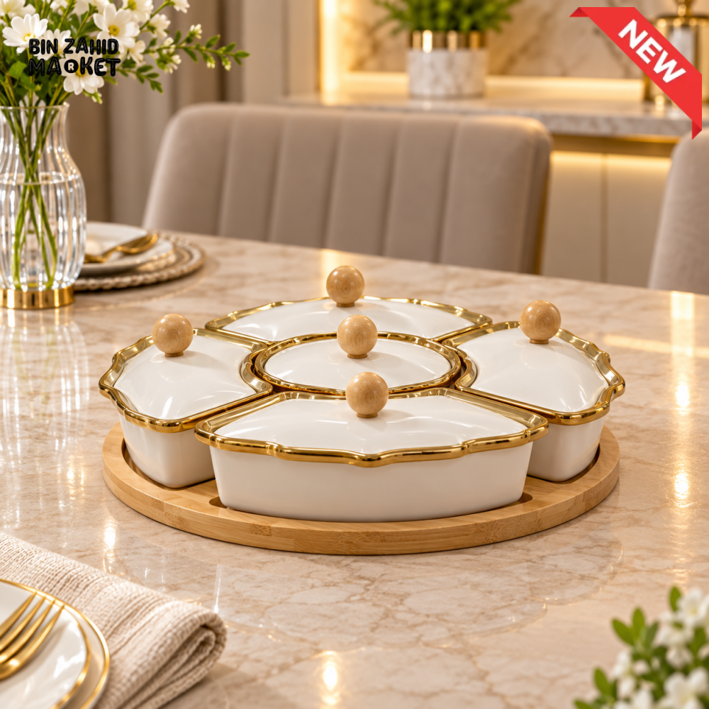 LUXURY CERAMIC SERVING DISH SET WITH BAMBOO TRAY