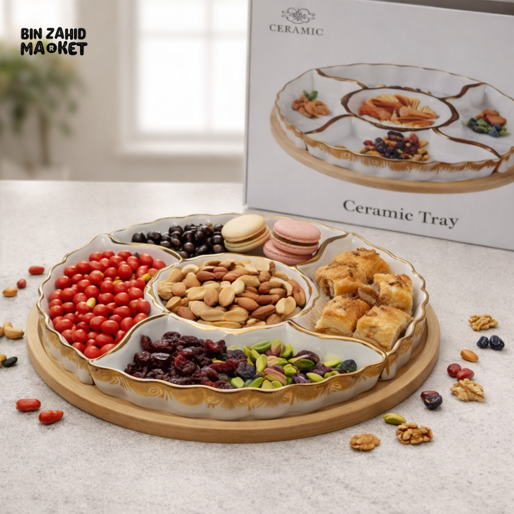 LUXURY CERAMIC SNACK SERVING TRAY WITH WOODEN BASE – MULTI SECTION