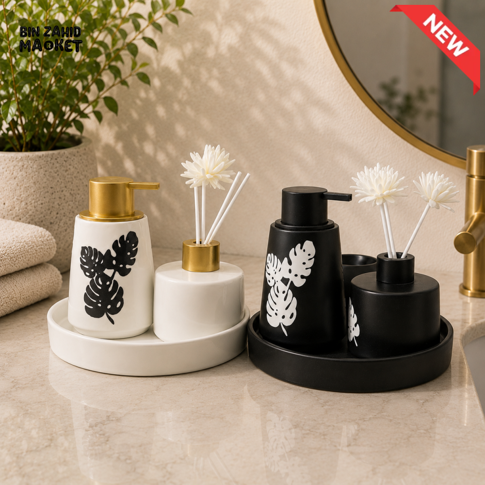 LUXURY CERAMIC SOAP DISPENSER & REED DIFFUSER SET WITH SERVING TRAY