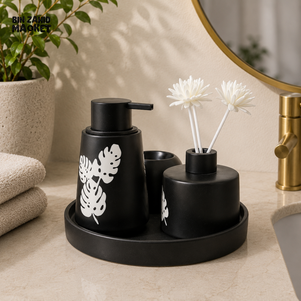 LUXURY CERAMIC SOAP DISPENSER & REED DIFFUSER SET WITH SERVING TRAY - Black