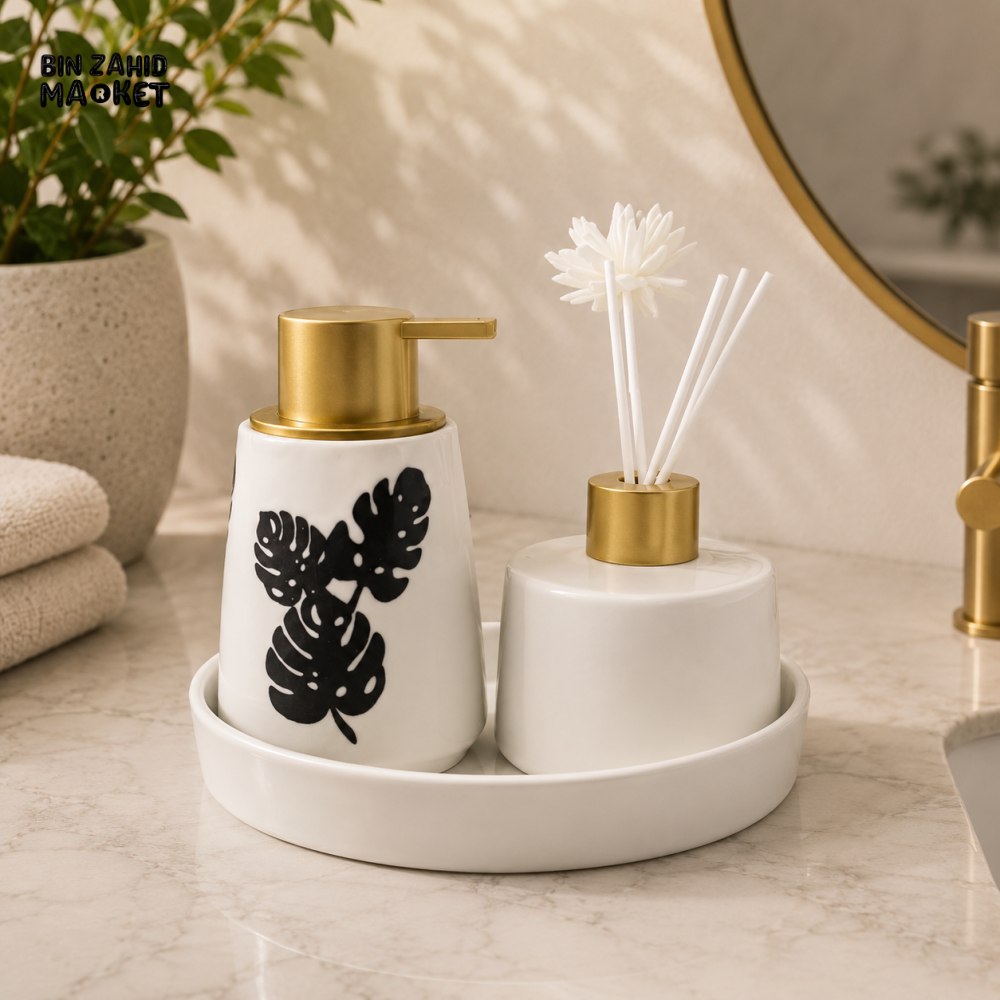 LUXURY CERAMIC SOAP DISPENSER & REED DIFFUSER SET WITH SERVING TRAY - White
