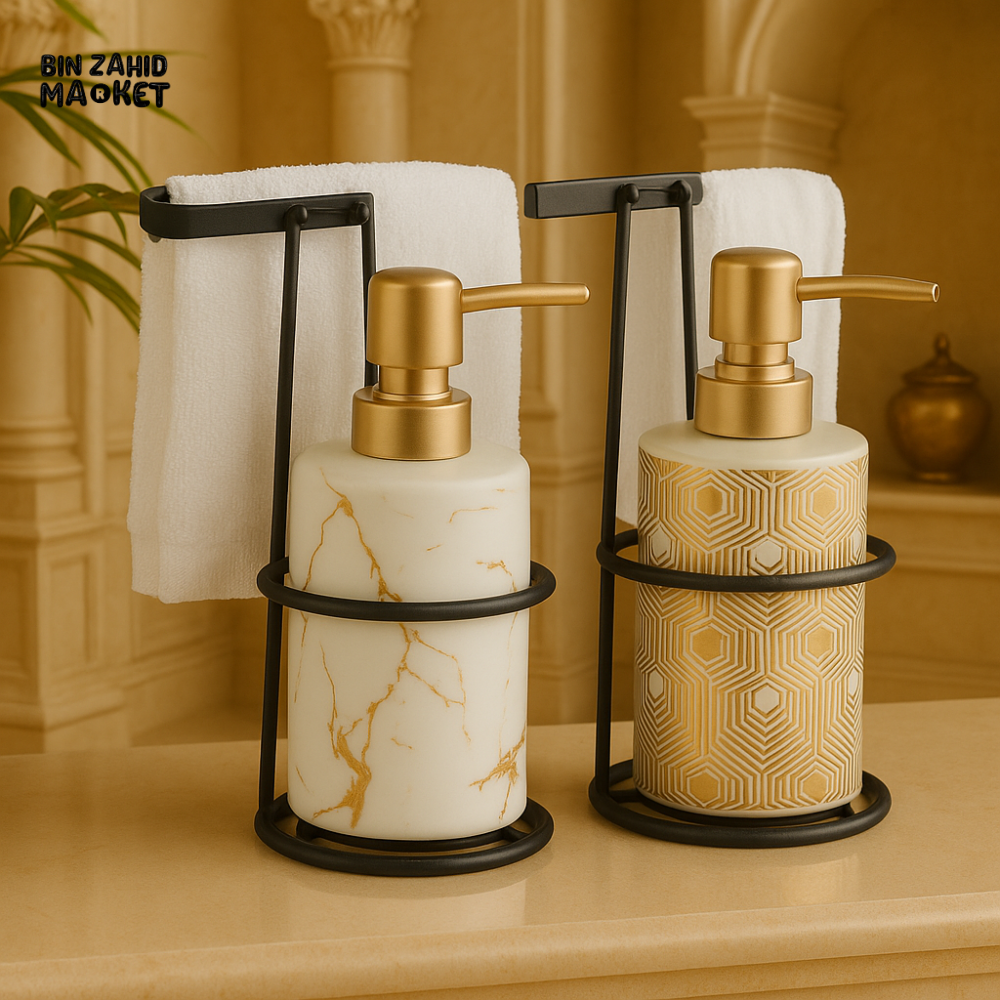 LUXURY CERAMIC SOAP DISPENSER SET – GOLD PRINT WITH TOWEL HOLDER