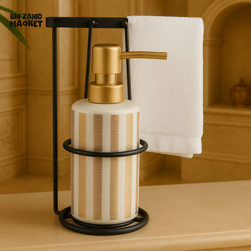 LUXURY CERAMIC SOAP DISPENSER SET – GOLD PRINT WITH TOWEL HOLDER