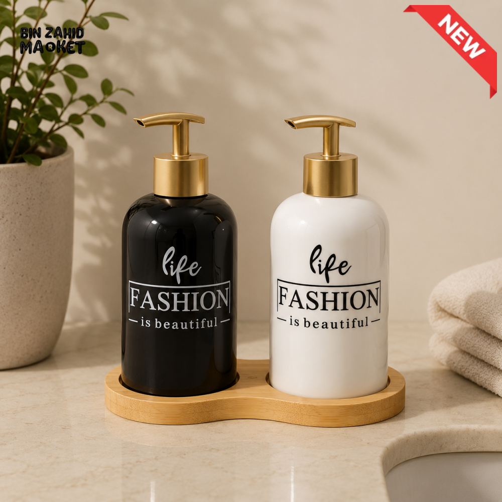 LUXURY CERAMIC SOAP DISPENSER SET WITH BAMBOO TRAY