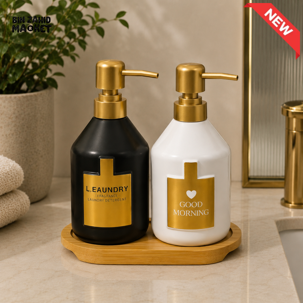 LUXURY CERAMIC SOAP DISPENSER SET WITH GOLD PUMP & BAMBOO TRAY