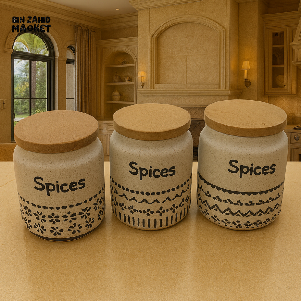 LUXURY CERAMIC SPICE JAR SET – 3 PIECE KITCHEN STORAGE CONTAINERS WITH WOODEN LIDS M2-3B
