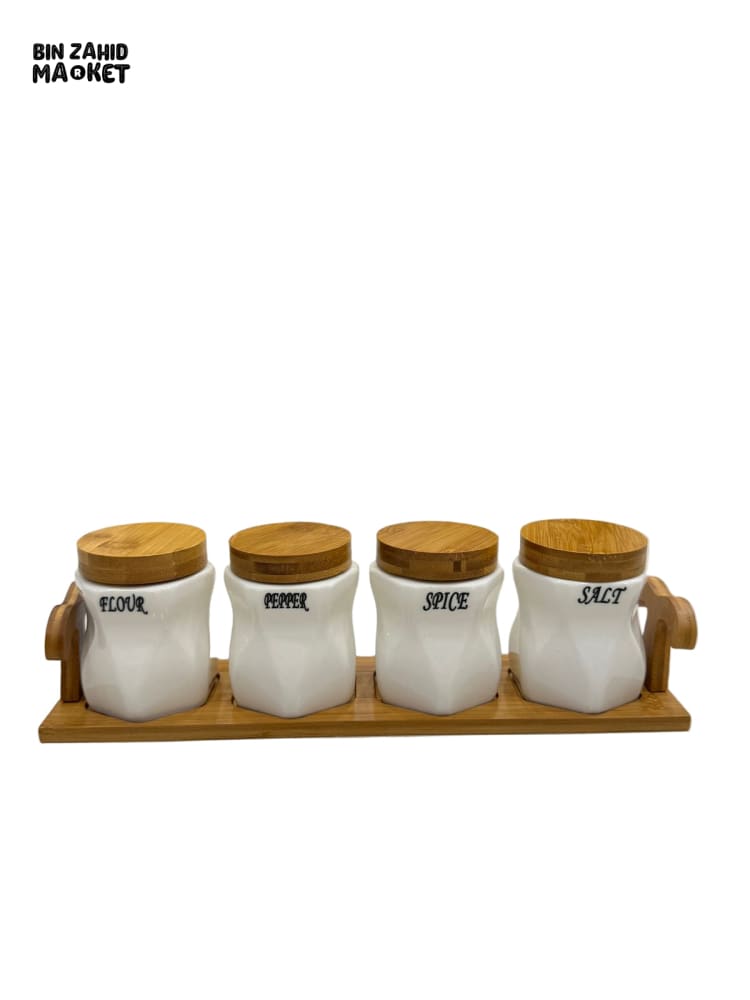 LUXURY CERAMIC SPICE JAR SET – 4 PIECE KITCHEN STORAGE CONTAINERS WITH BAMBOO LIDS AND TRAY FOR FLOUR PEPPER SPICE &