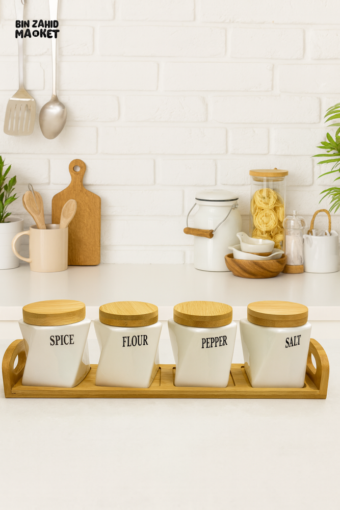 LUXURY CERAMIC SPICE JAR SET – 4 PIECE WITH BAMBOO LIDS & TRAY