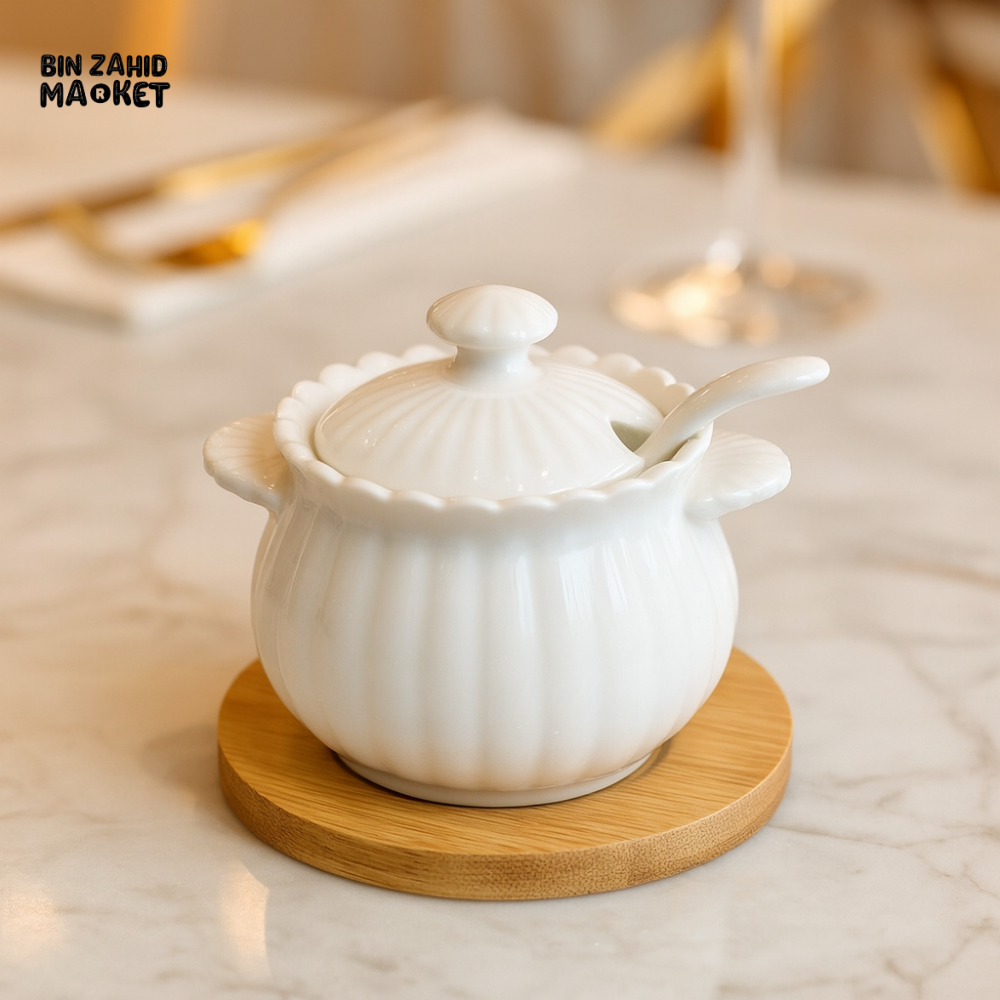 LUXURY CERAMIC SUGAR BOWL WITH LID & SPOON – BAMBOO COASTER