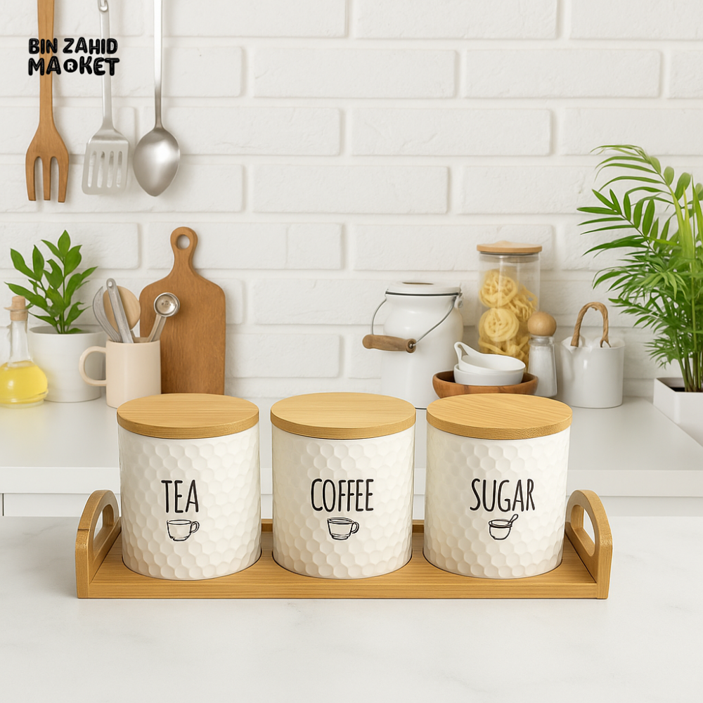 LUXURY CERAMIC TEA COFFEE SUGAR JAR SET – 3 PIECE KITCHEN STORAGE CONTAINERS WITH BAMBOO LIDS & TRAY